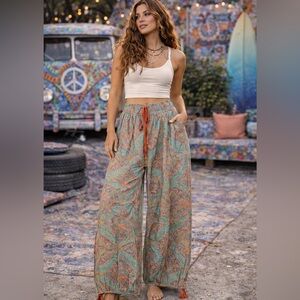 🆕 BLUE Velvet Boho Printed Wide Leg Pants – Teal & Rust ✨w/pulls to make tighter
